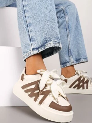 Brązowe Sznurowane Sneakersy na Platformie Ozdobione Paskami Lerinique