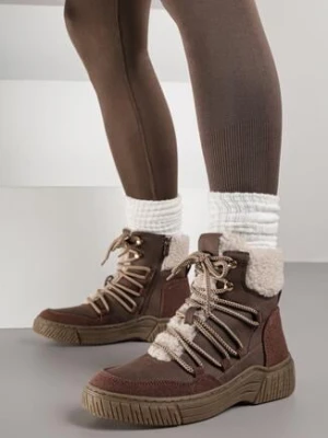 Brązowe Sznurowane Śniegowce z Futerkiem Typu Baranek Mevesalia super mode