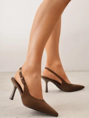 Brązowe Szpilki Slingback VICES z Imitacji Zamszu z Prostokątną Klamerką Natuma