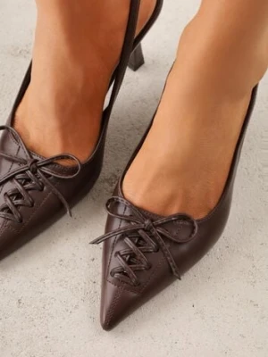 Brązowe Szpilki Slingback VICES Zdobione Gorsetowym Wiązaniem z Kokardą Azimuna