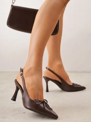Brązowe Szpilki Slingback VICES Zdobione Gorsetowym Wiązaniem z Kokardą Azimuna