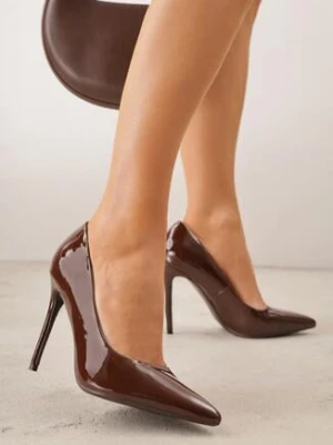 Brązowe Szpilki VICES z Lakierowanym Efektem Jestiva