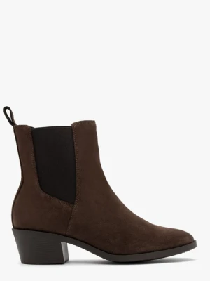 Brązowe sztyblety damskie ze skóry welurowej na niskim obcasie Ryłko