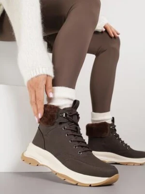 Brązowe Trapery na Grubej Podeszwie Ozdobione Futerkiem Furitte super mode