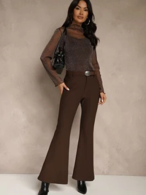 Brązowe Wiskozowe Spodnie Dzwony z Bawełną High Waist z Paskiem Lidassa