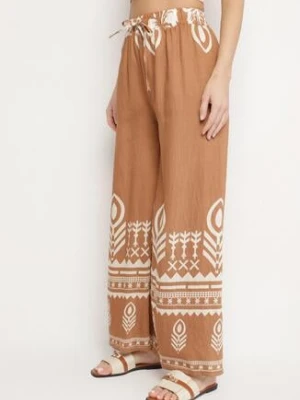 Brązowe Wiskozowe Spodnie o Szerokim Kroju z Etnicznym Wzorem Mileldi j&x