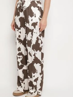 Brązowe Wiskozowe Spodnie o Szerokim Kroju z Wysokim Stanem w Krowie Łaty Nelamara jumelle