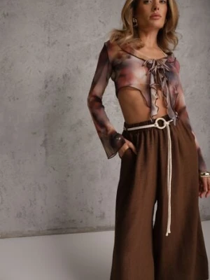 Brązowe Wiskozowe Spodnie Typu Palazzo High Waist Ozdobione Paskiem Sznurkiem Alemea j&x