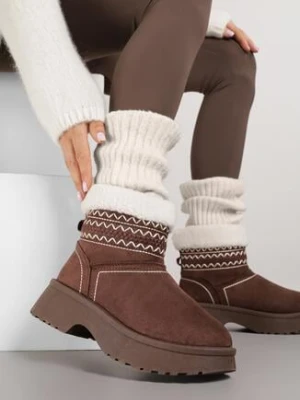 Brązowe Wsuwane Śniegowce Zdobione Hafem i Futerkiem Miosadia shoes