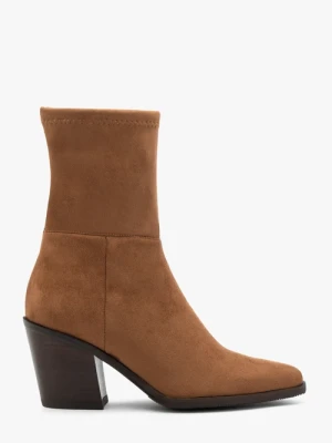 Brązowe wyższe botki z tkaniny na słupku Ryłko