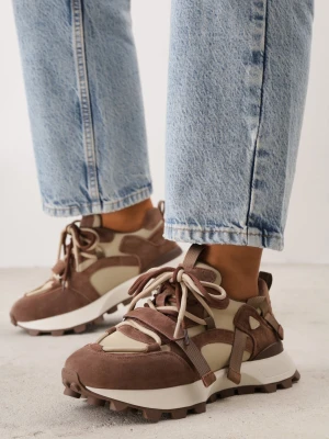 Brązowe Zamszowe Sneakersy Chunky na Platformie z Bieżnikiem ze Skórzaną Wkładką Favusa Goodin