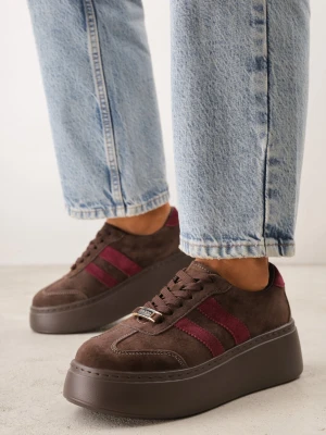 Brązowe Zamszowe Sneakersy na Grubej Podeszwie z Paskami Arathyra Goodin