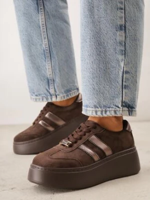 Brązowe Zamszowe Sneakersy na Grubej Podeszwie ze Skórzaną Wkładką Yinrieth goodin