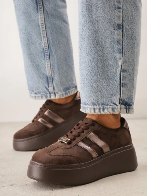 Brązowe Zamszowe Sneakersy na Grubej Podeszwie ze Skórzaną Wkładką Yinrieth Goodin