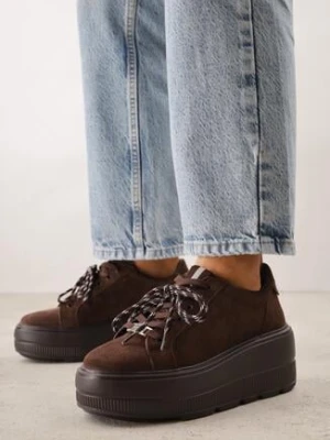 Brązowe Zamszowe Sneakersy na Grubej Podeszwie ze Sznurówkami w Paski Vetida goodin