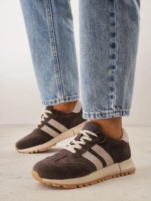 Brązowe Zamszowe Sneakersy Ozdobione Perforacją i Paskami Semielle goodin