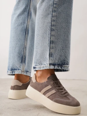 Brązowe Zamszowe Sneakersy w Stylu Kultowych Tenisówek na Platformie Reveka Goodin