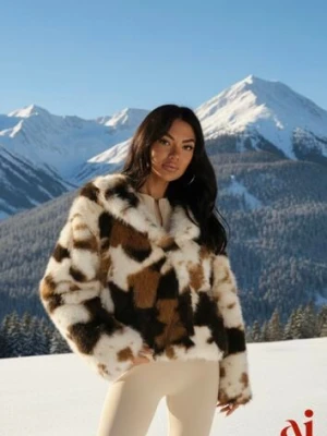 Brązowo-Beżowa Dwurzędowa Kurtka Futerko Oversize Nenalla