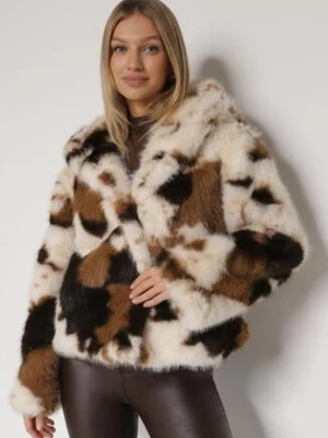 Brązowo-Beżowa Kurtka Futerko o Dwurzędowym Kroju Oversize Nevisa