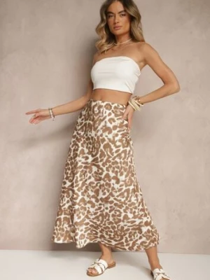 Brązowo-Beżowa Panterkowa Spódnica z Wiskozy High Waist Fevirellea rosita