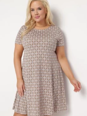 Brązowo-Beżowa Rozkloszowana Sukienka Mini z Elastycznej Wiskozy Annamarie sweet&girl