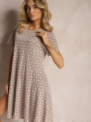 Brązowo-Beżowa Sukienka Mini z Wiskozy z Rozkloszowanym Dołem Lontassa sweet&girl