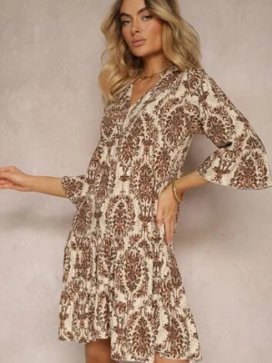 Brązowo-Beżowa Sukienka z Bawełny o Rozkloszowanym Kroju Wykończona Falbanką Niloa