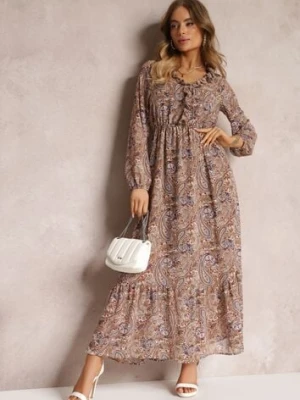 Brązowo-Beżowa Sukienka z Falbanką przy Dekolcie w Ornamentalny Wzór Mana rosa