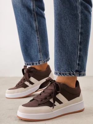 Brązowo-Beżowe Sneakersy Casual z Ozdobnymi Przeszyciami i Paskami z Boku Ariesera