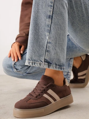 Brązowo-Beżowe Sneakersy na Kauczukowej Grubej Podeszwie z Paskami po Bokach Ninlili Ideal