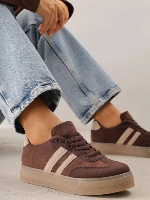 Brązowo-Beżowe Sneakersy na Platformie w Stylu Tenisówek Ozdobione Paskami Ladia Ideal