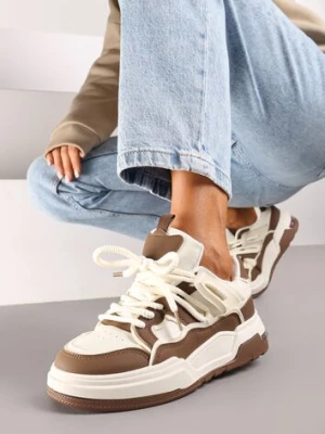 Brązowo-Beżowe Sznurowane Sneakersy na Płaskiej Podeszwie Eviline