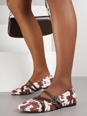 Brązowo-Białe Balerinki Vices w Krowie Łaty w Stylu Mary Jane ze Skórzaną Wkładką Nalievre