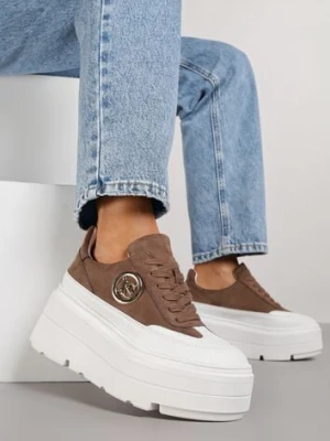 Brązowo-Białe Chunky Sneakersy Vices na Platformie z Okrągłym Detalem Sedvira
