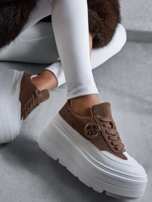 Brązowo-Białe Chunky Sneakersy Vices na Platformie z Okrągłym Detalem Sedvira