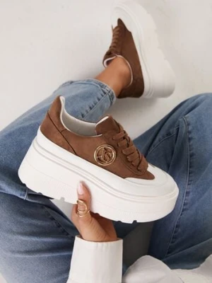 Brązowo-Białe Chunky Sneakersy Vices na Platformie z Okrągłym Detalem Sedvira