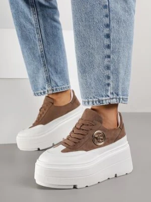Brązowo-Białe Sneakersy Vices na Platformie Zdobione Okrągłą Aplikacją Wodvire