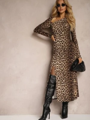 Brązowo-Czarna Sukienka o Taliowanym Kroju z Asymetrycznie Wyciętym Dekolem i Rozcięciem Sairel by swan