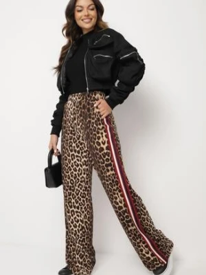 Brązowo-Czerwone Szerokie Spodnie w Panterkę z Wiskozą i Gumką w Talii Ozdobione Lampasami Velonara by swan