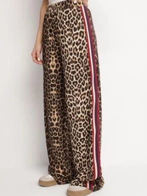 Brązowo-Czerwone Szerokie Spodnie w Panterkę z Wiskozą i Gumką w Talii Ozdobione Lampasami Velonara by swan