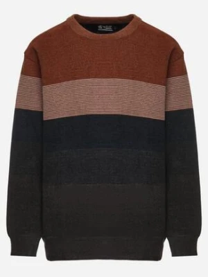 Brązowo-Granatowy Sweter z Wełną w Paski Ettarine