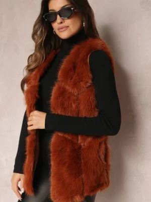 Brązowo-Pomarańczowa Futrzana Kamizelka z Wstawkami z Ekoskóry Lewja k-th