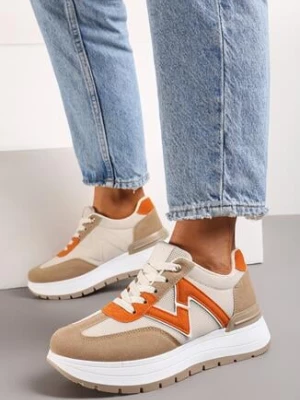 Brązowo-Pomarańczowe Sneakersy na Grubej Podeszwie z Brokatowym Zdobieniem i Sznurowaniem Lavistes