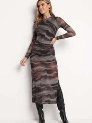 Brązowo-Zielona Dopasowana Sukienka Maxi z Siateczki w Marmurkowy Wzór Bail by swan