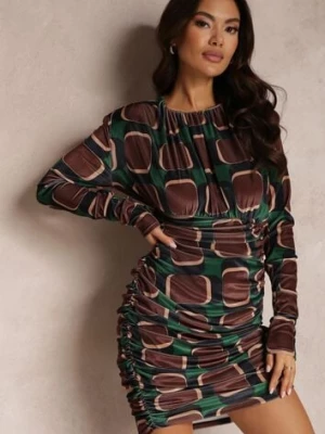 Brązowo-Zielona Sukienka z Drapowaniem w Geometryczny Wzór Biyo allyson