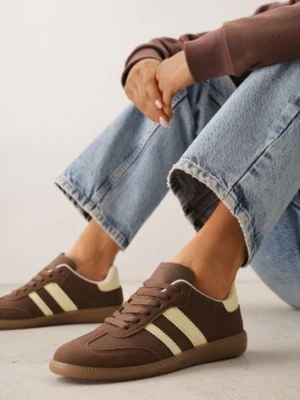 Brązowo-Żółte Casualowe Sneakersy na Płaskiej Podeszwie z Paskami Jereria