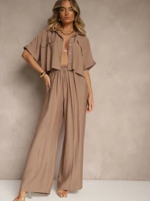 Brązowy 2-Częściowy Komplet z Wiskozy Koszula o Luźnym Kroju Szerokie Spodnie Velvitela