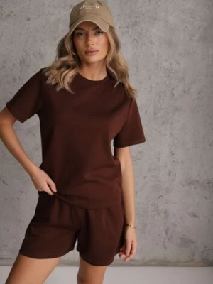 Brązowy Bawełniano-Wiskozowy Komplet Sportowy T-shirt i Szorty Areinna yu & me