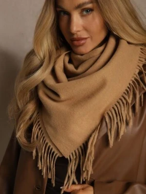 Brązowy Bawełniano-Wiskozowy Szalik w Kształcie Trójkąta z Frędzlami Vetisara