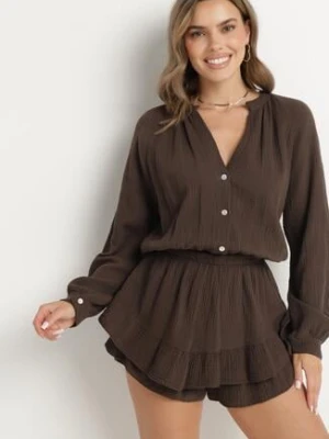 Brązowy Bawełniany Kombinezon z Elastyczną Gumką w Talii i Spódnico-Spodenkami Gleasea jumelle